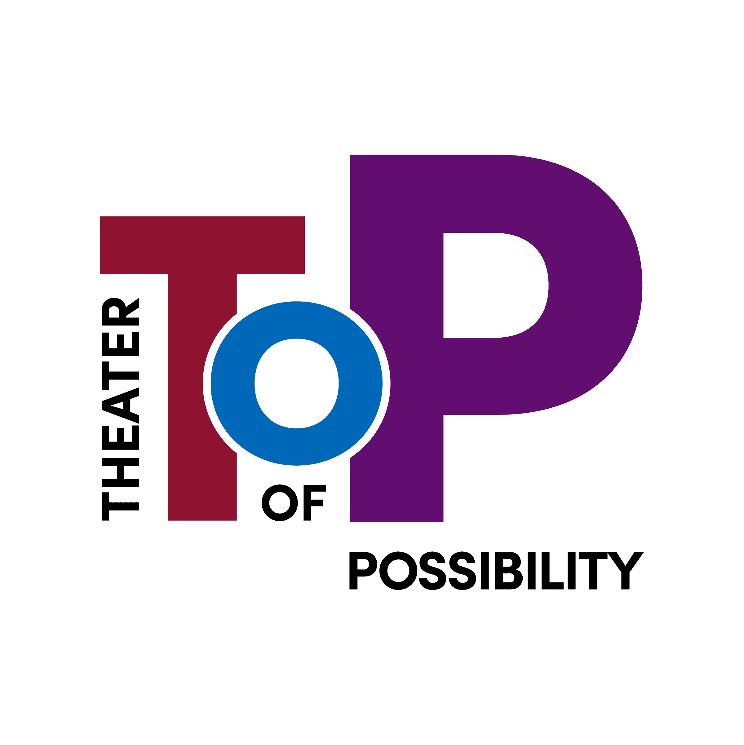 A logo of T, O, and P of differing sizes in burgundy, blue, and purple, respectively, with the O bridging the T and P in the composition.