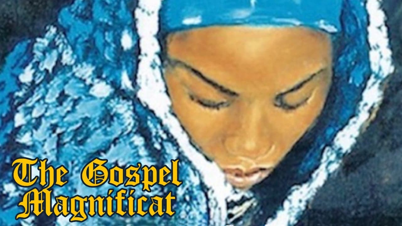 A painting of a Black woman in a blue head covering, with an introspective expression. Yellow Gothic script in the lower-left reads "The Gospel Magnificat"