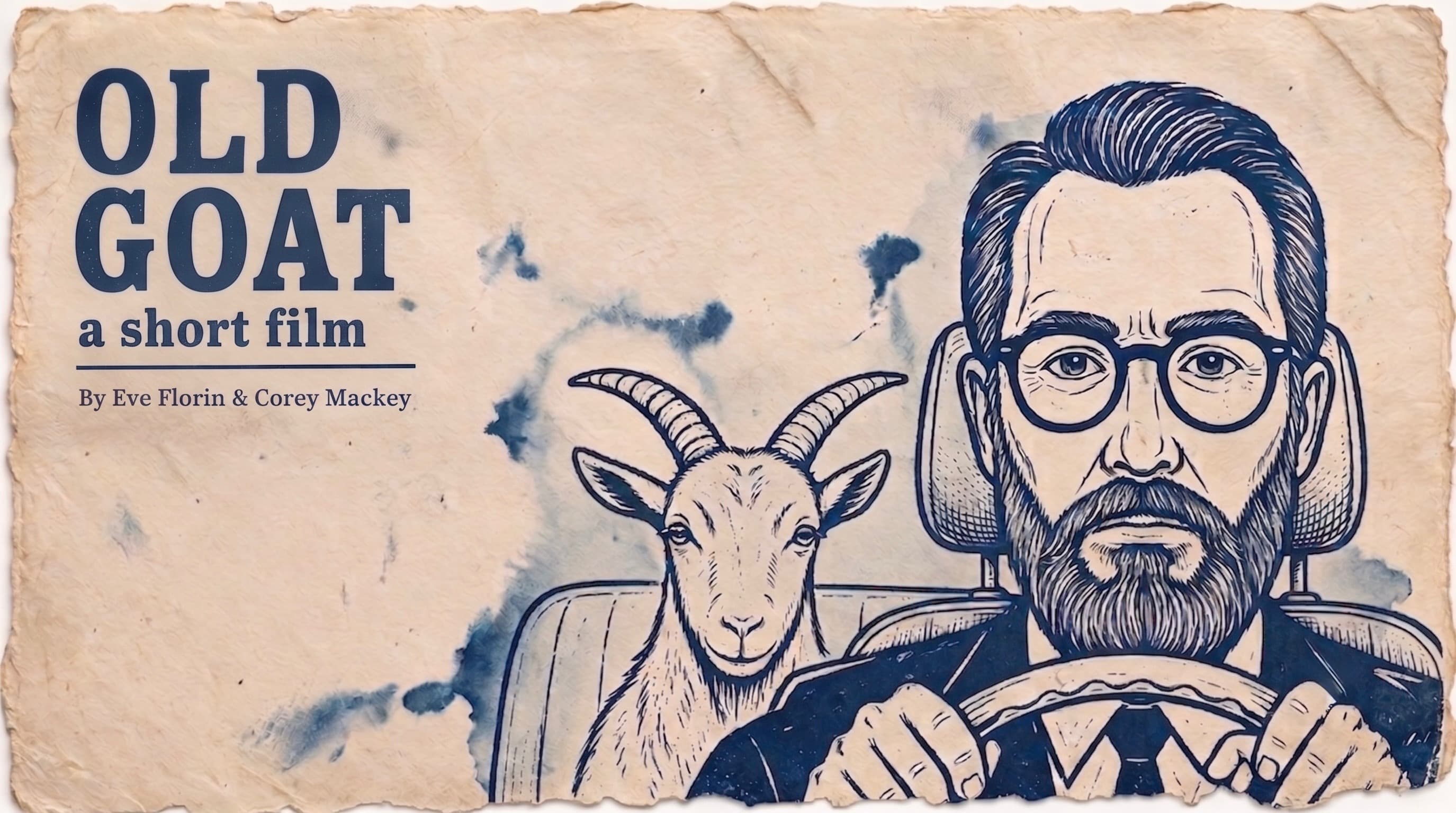 An illustration of a bespectacled, bearded white man in a suit at the wheel of a car, with a goat sitting in the back seat like a passenger.