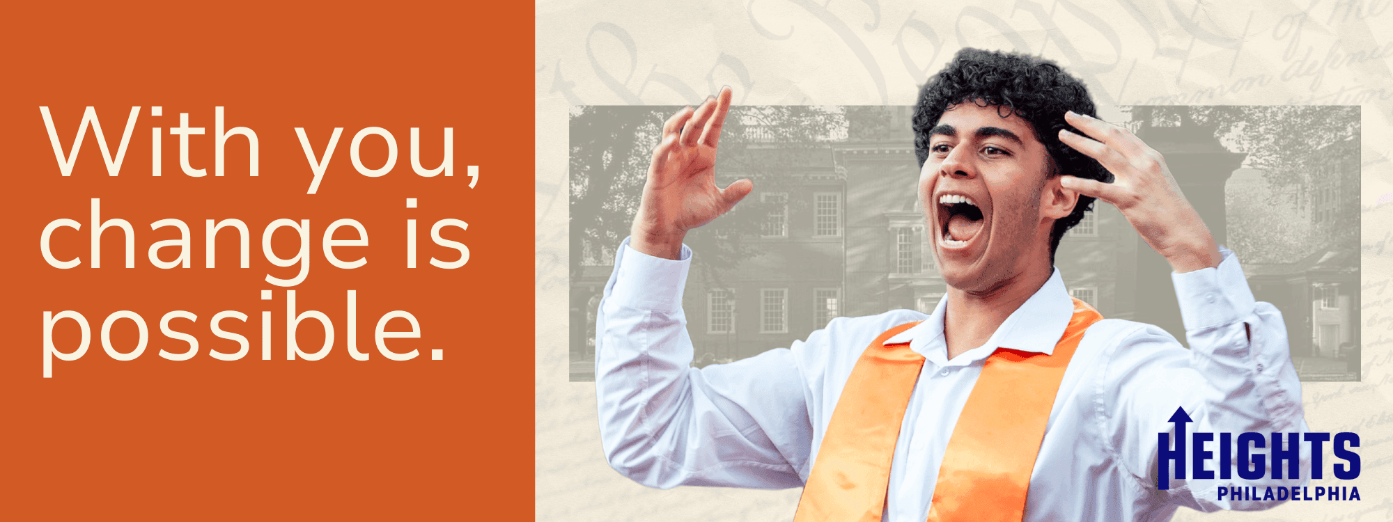 Graduating student raises his hands in celebration. "With you, change is possible" 