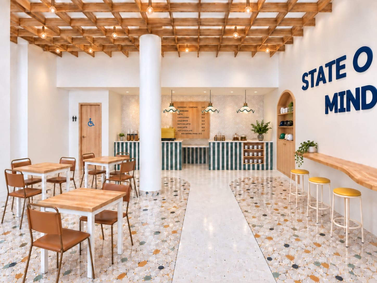 A design rendering of the interior of a coffee shop with white, beige and yellow colors and light wood accents. There are tables and an ordering counter.