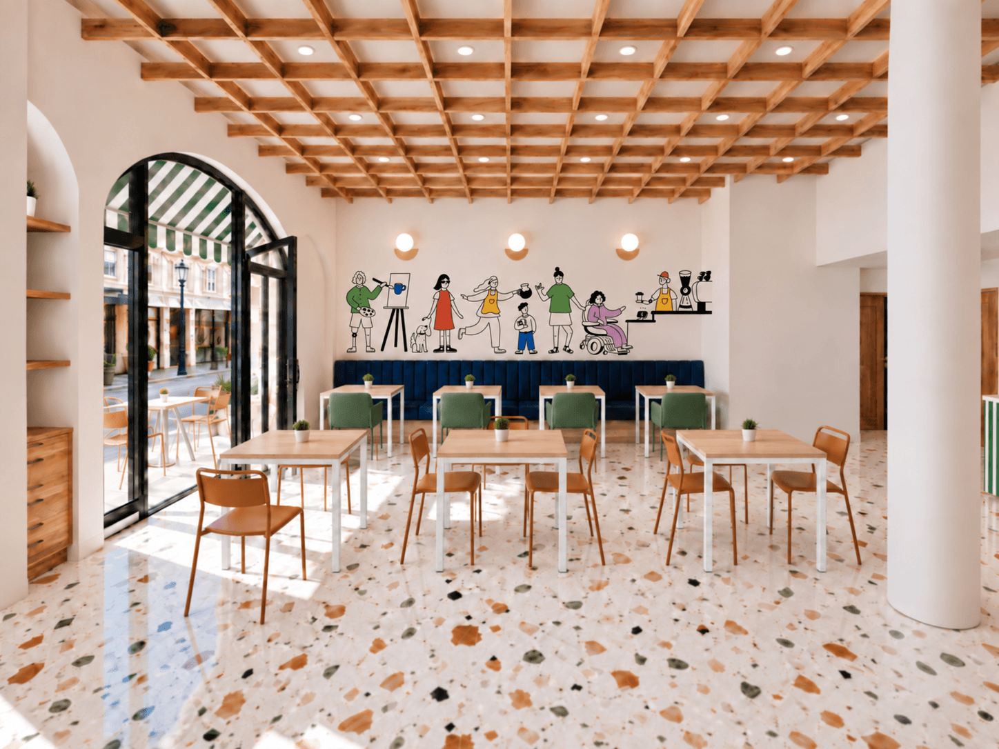 An interior design rendering of a coffee shop interior. The image faces the side wall and includes tables, booth seating, and glass doors opening to a patio.