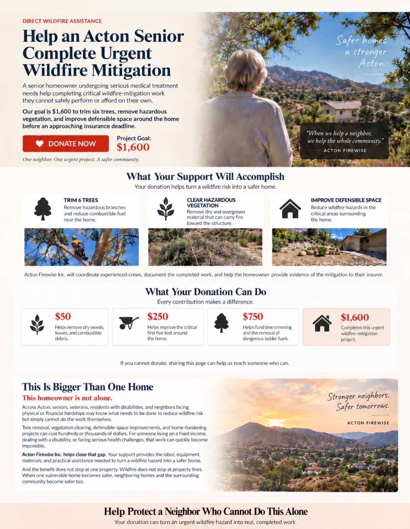 Acton Firewise $1,600 campaign to help a senior complete urgent wildfire mitigation through tree trimming, vegetation removal, and defensible space.
