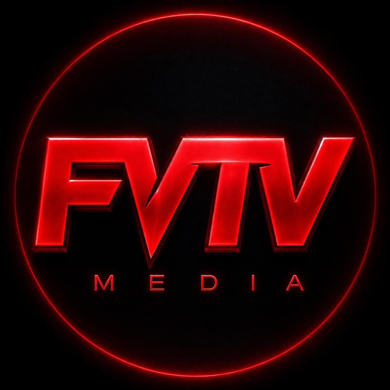 "FVTV Media" written in red, capitalized letters, inside a red circle outline. The background of this logo is black.