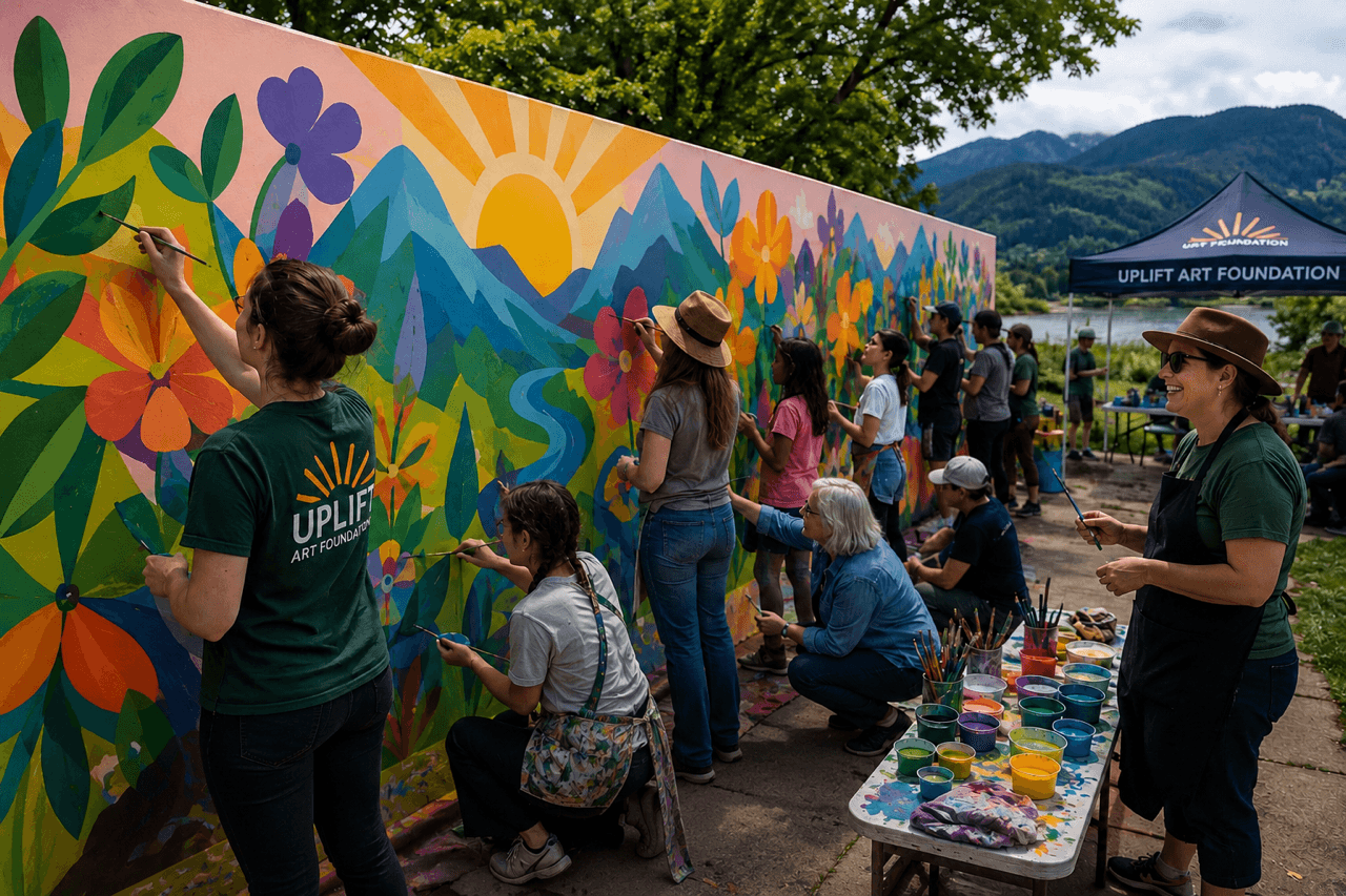 People facing away from the camera paint a colorful mural beside a lake, with mountains behind; community artists create a lively outdoor scene.