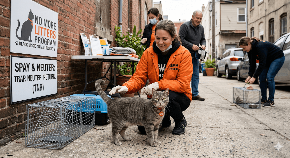 Volunteers trapping outdoor cats to transport to the clinic.