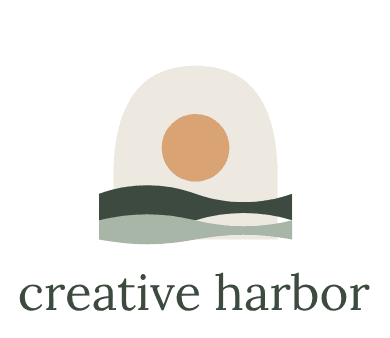 Solid-color block art: A dusky orange circle hovers over dark and sage green waves. In the background, a beige archway frames the circle and waves.
